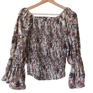 Cienna Designs Womens Balloon Sleeve Smocked Blouse Colorful Boho Top M/L Silk